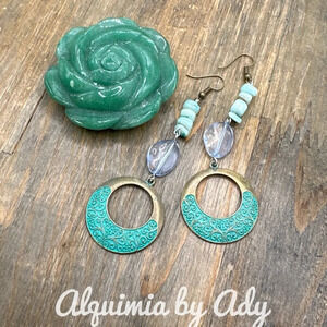 Blue mother of pearl brass rustic extra long statement earrings